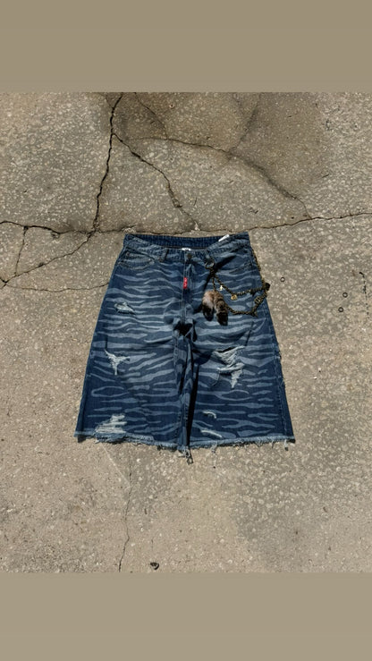 Blue denim tiger stripe shorts