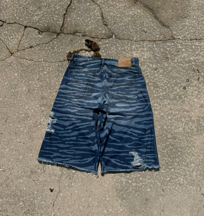 Blue denim tiger stripe shorts