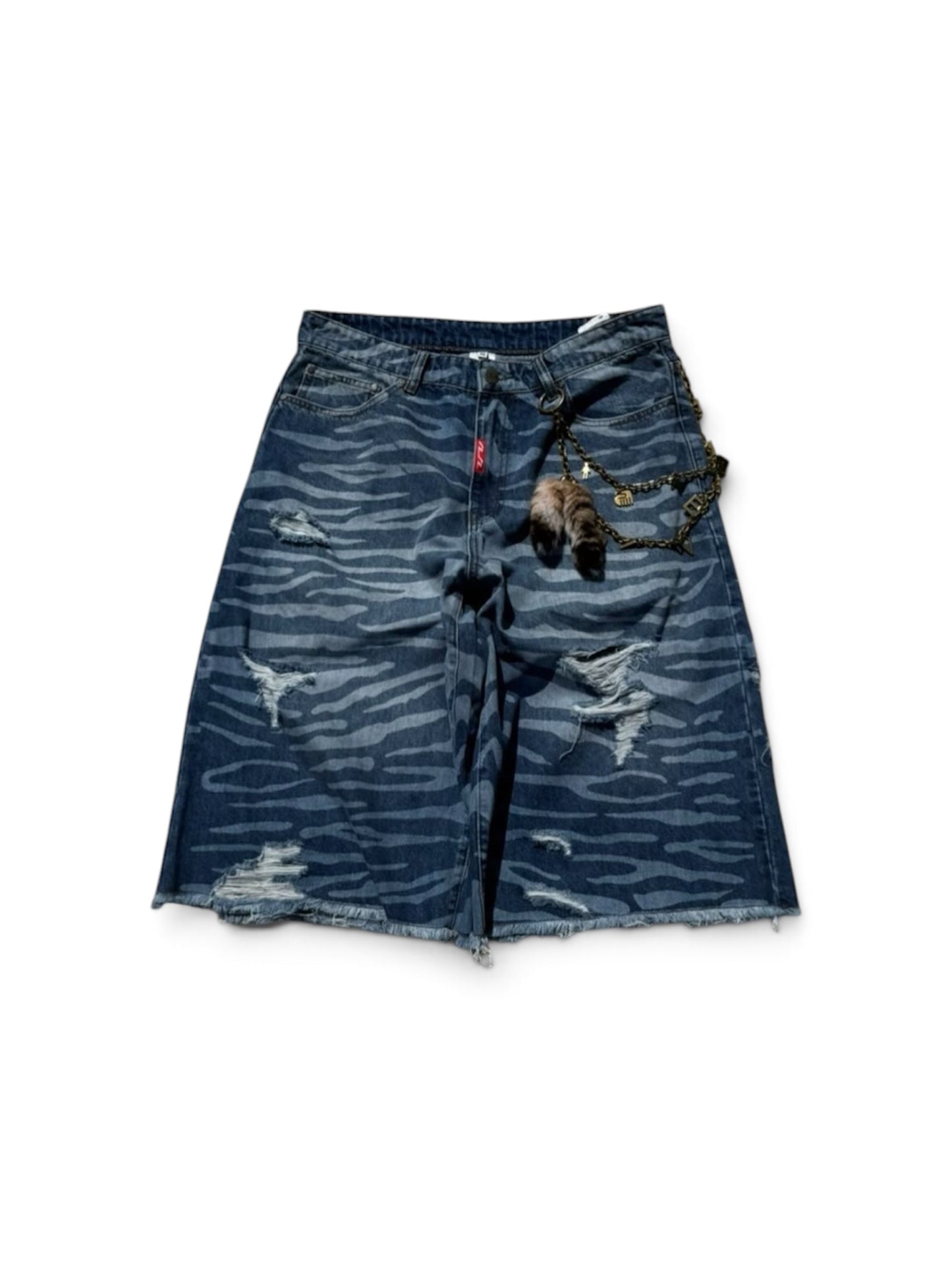 Blue denim tiger stripe shorts